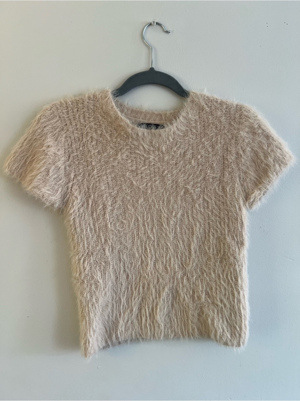 EUC ZARA  Fuzzy Short-Sleeve Knit Top in Light Beige